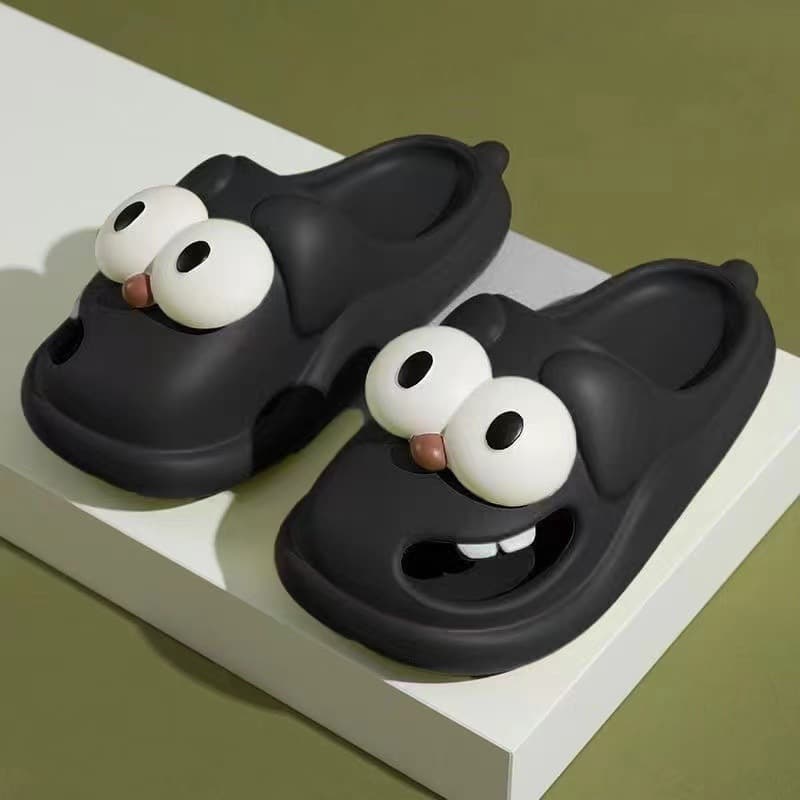 Big Eye Dog Slippers — Black